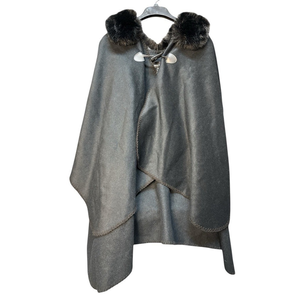 Jessica Rodriguez Black Cape Poncho Faux Fur Removable Collar Trendy Outwear O/S